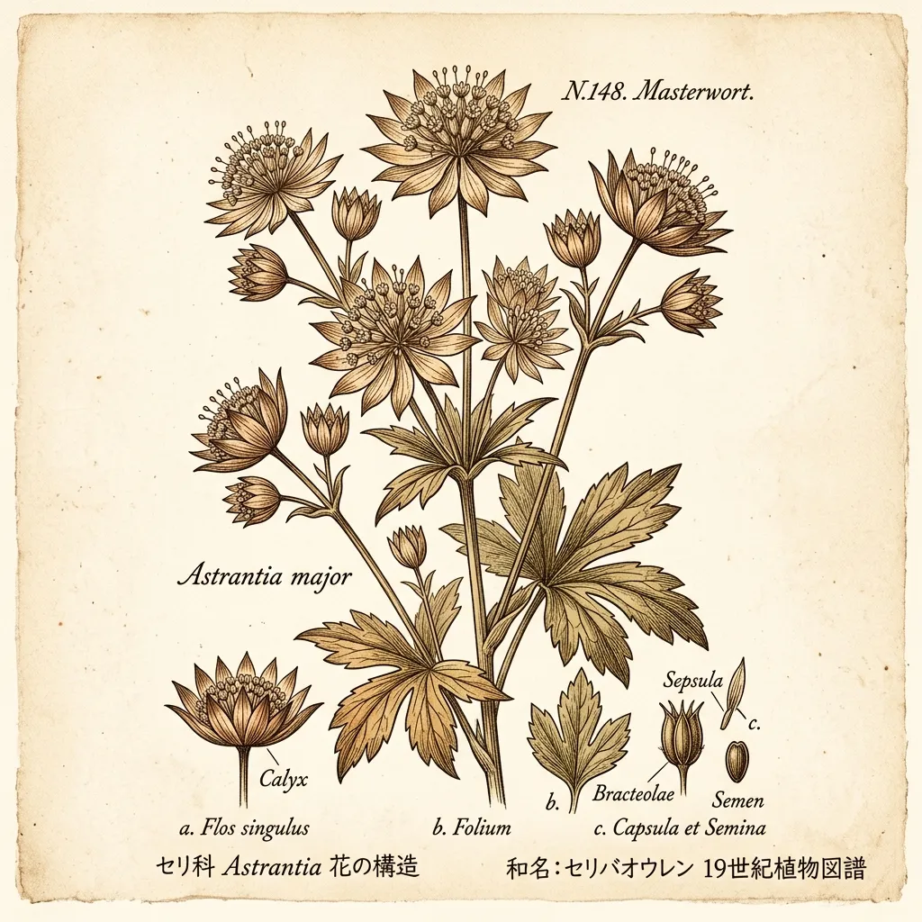 19世紀の植物図譜を模したアンティーク調のアストランチアのボタニカルイラストレーション