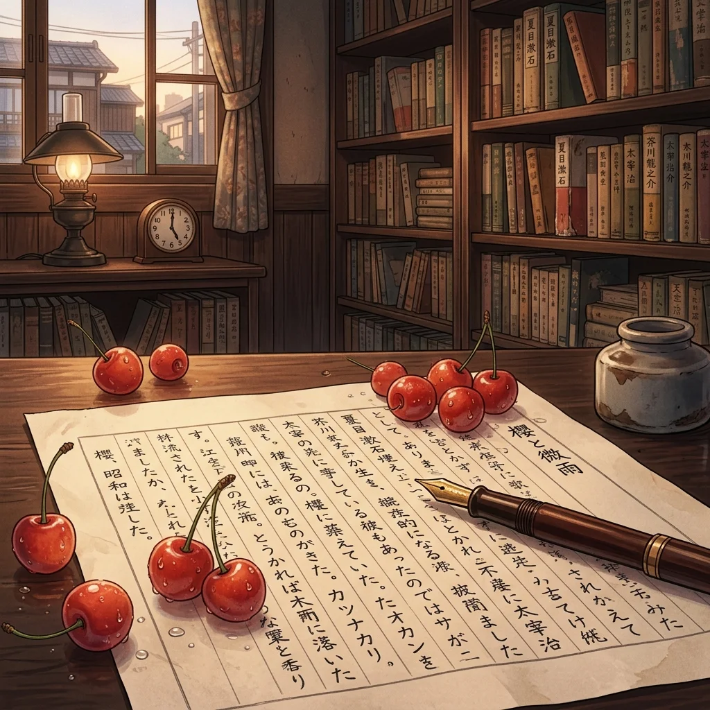 太宰治の桜桃忌を象徴するレトロな書斎とサクランボのイメージ