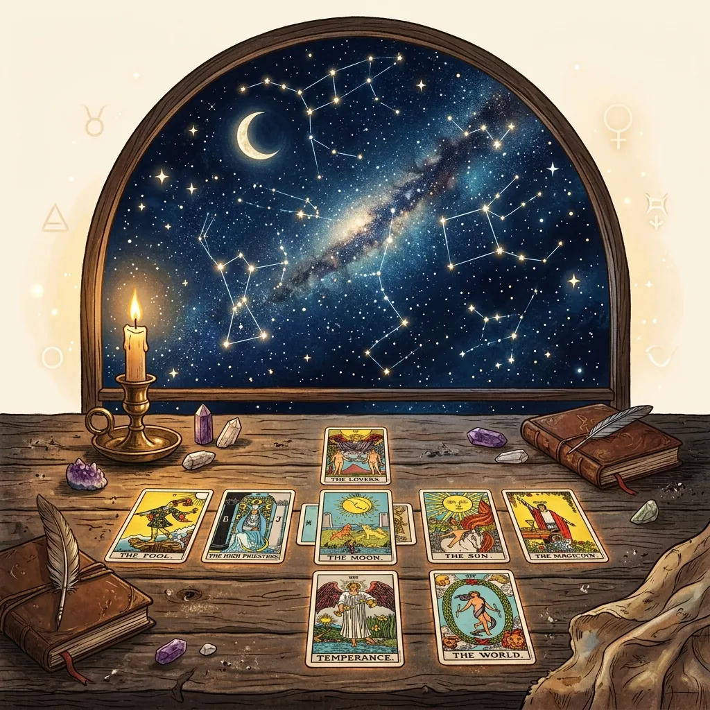 夜空に光り輝く星々とタロットカードの美しい神秘
