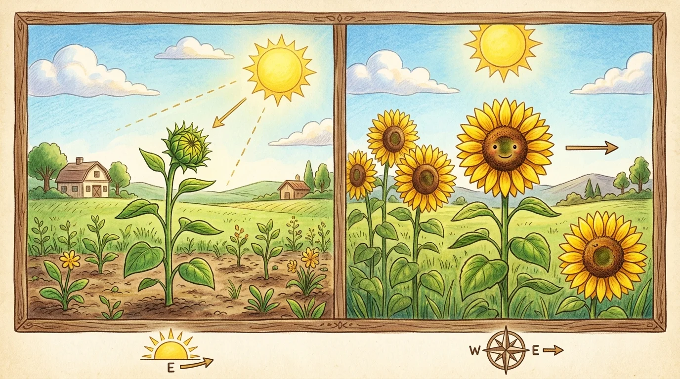 ひまわりの成長やつぼみと開花後の向きの違いを示す図解イラスト