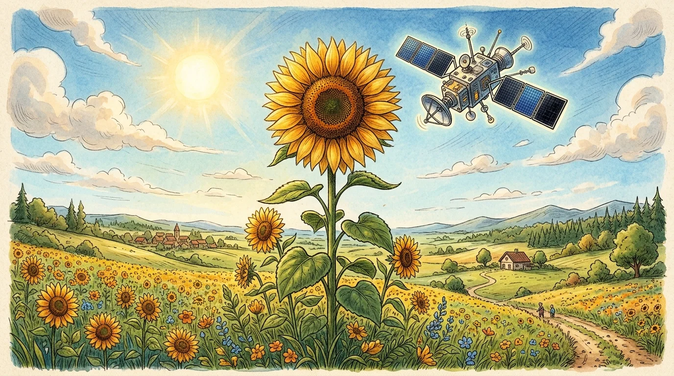 大輪のひまわり畑と青空に浮かぶ気象衛星ひまわりのイラスト